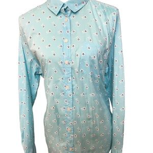 J Crew light blue with floral detail throughout button down long sleeve shirt